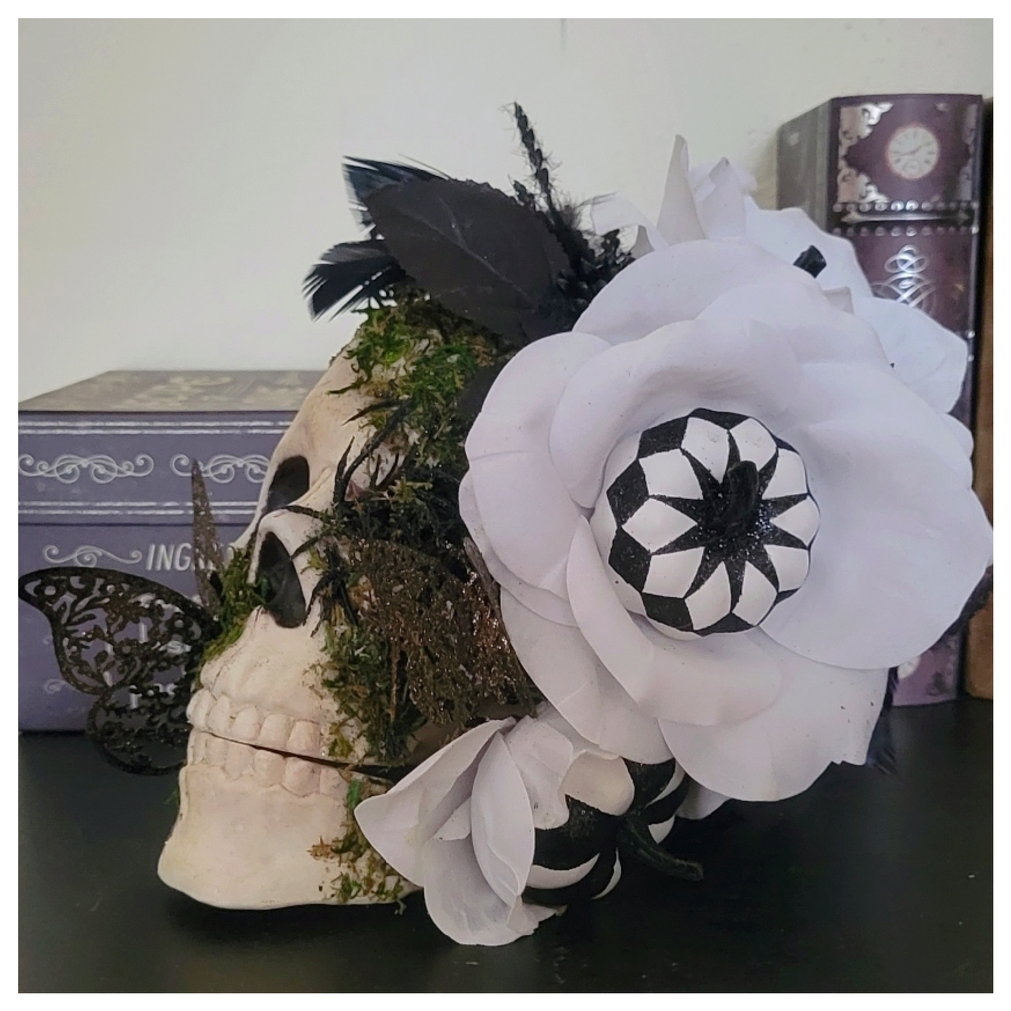 White Rose Skull Halloween Decor