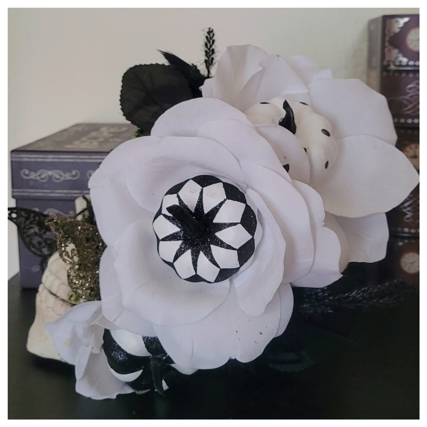 White Rose Skull Halloween Decor