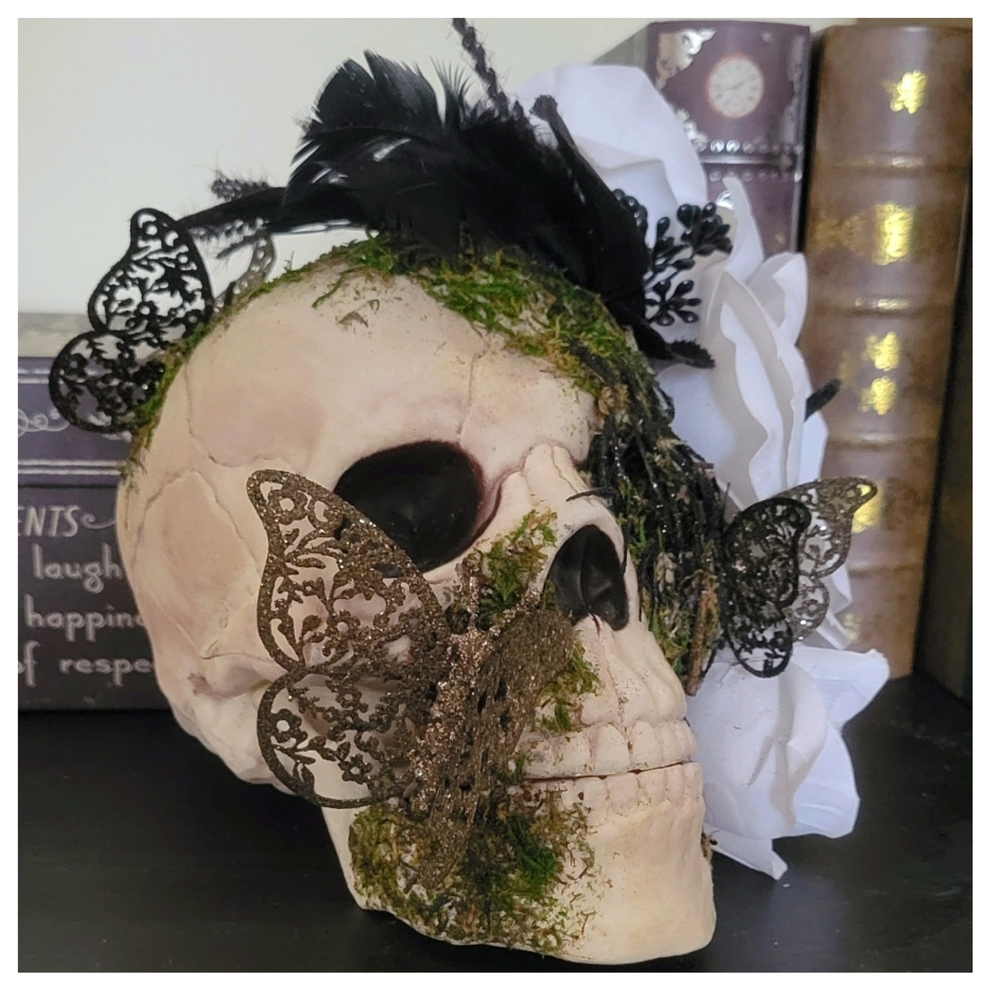 White Rose Skull Halloween Decor