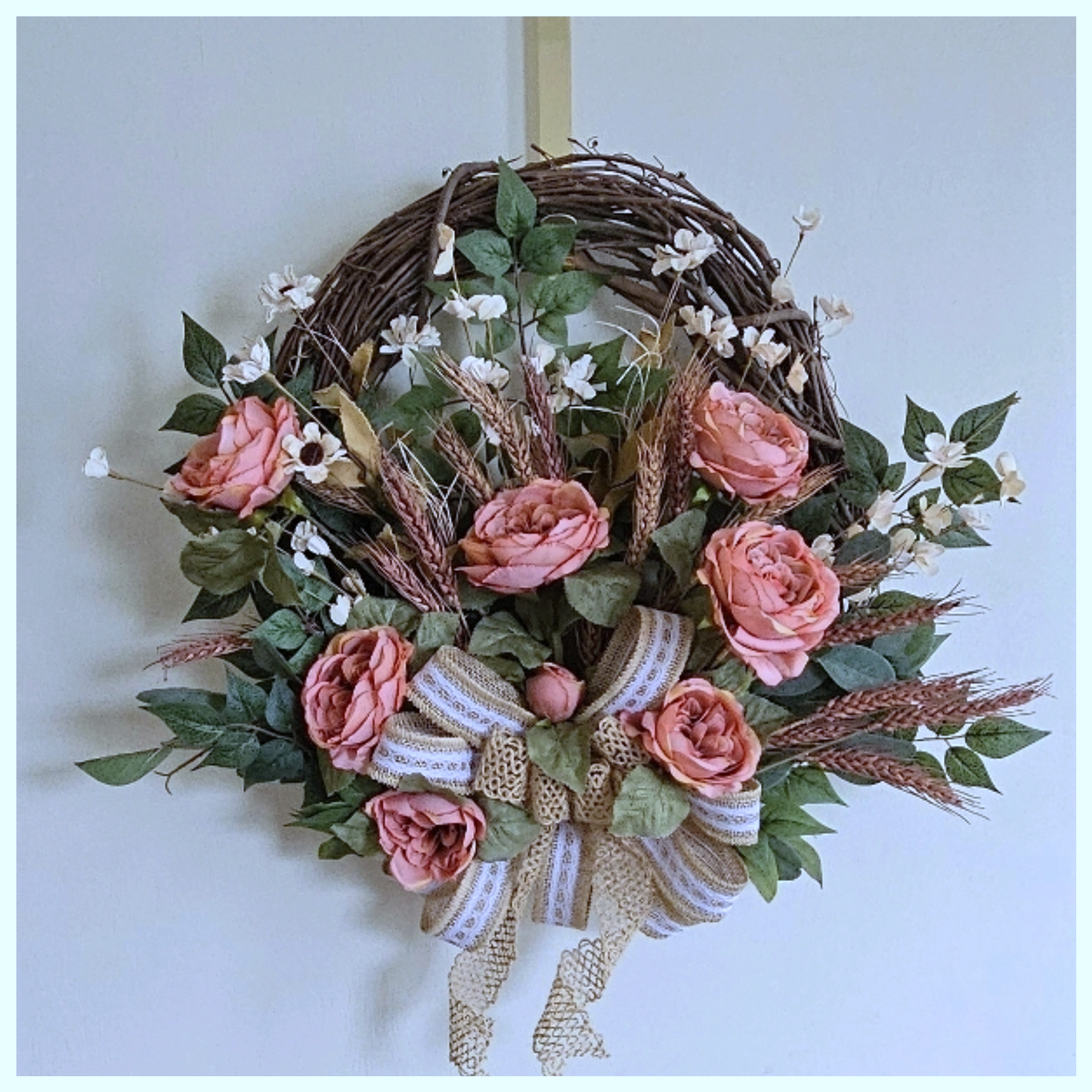 Coral Cabbage Rose Bush Wreath