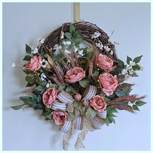 Coral Cabbage Rose Bush Wreath